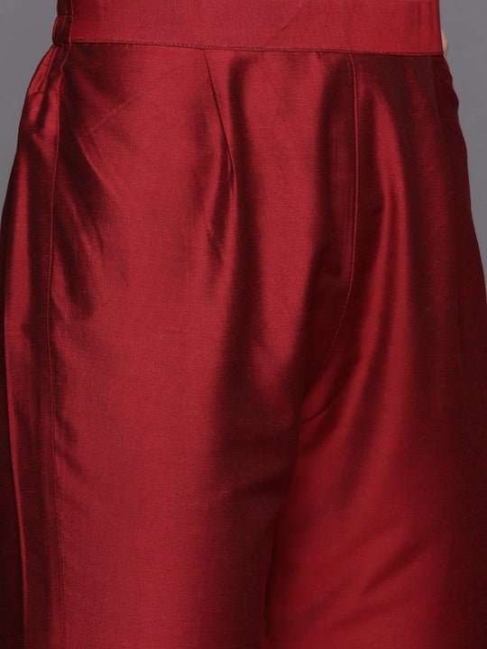 Women Red Yoke Design Thread Work Kurta with Trousers - Inddus.com