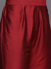 Women Red Yoke Design Thread Work Kurta with Trousers - Inddus.com