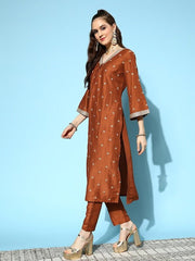 Women Rust Ethnic Motifs Embroidered Kurta with Trousers - Inddus.com