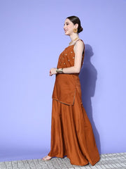 Women Rust Ethnic Motifs Embroidered Regular Kurta with Palazzos & With Dupatta - Inddus.com