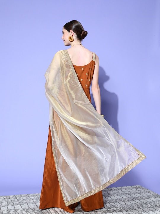 Women Rust Ethnic Motifs Embroidered Regular Kurta with Palazzos & With Dupatta - Inddus.com