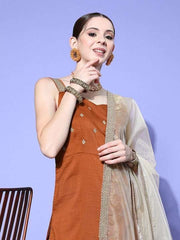 Women Rust Ethnic Motifs Embroidered Regular Kurta with Palazzos & With Dupatta - Inddus.com