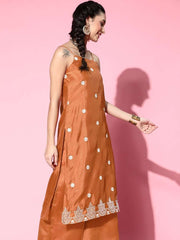 Women Rust-Orange Shibori Embroidered Thread Work Organza Kurta Palazzos & Dupatta - Inddus.com