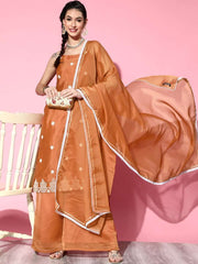 Women Rust-Orange Shibori Embroidered Thread Work Organza Kurta Palazzos & Dupatta - Inddus.com