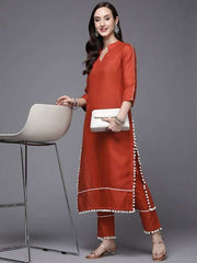 Women Rust Orange Solid Kurta with Trousers - Inddus.com
