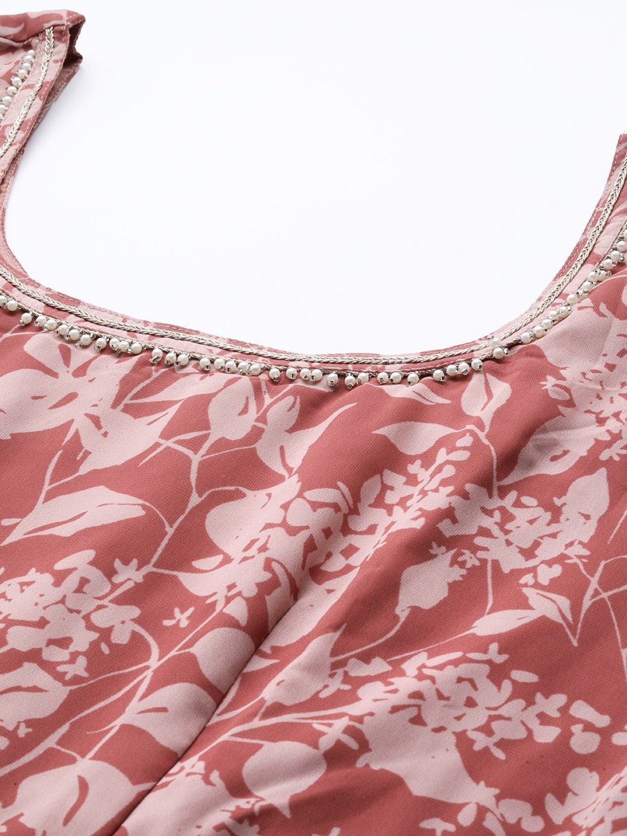 Women Rust Red Ethnic Motifs Printed Georgette Kurta - Inddus.com