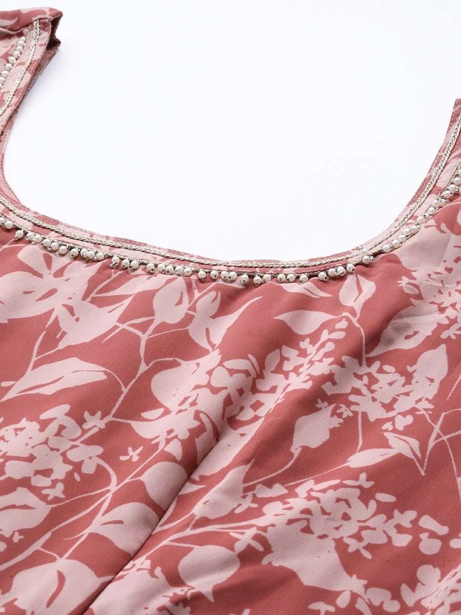 Women Rust Red Ethnic Motifs Printed Georgette Kurta - Inddus.com