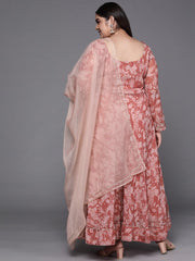 Women Rust Red Ethnic Motifs Printed Georgette Kurta - Inddus.com