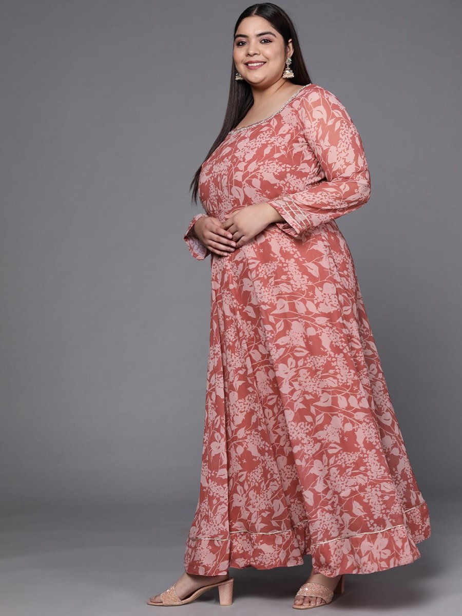 Women Rust Red Ethnic Motifs Printed Georgette Kurta - Inddus.com