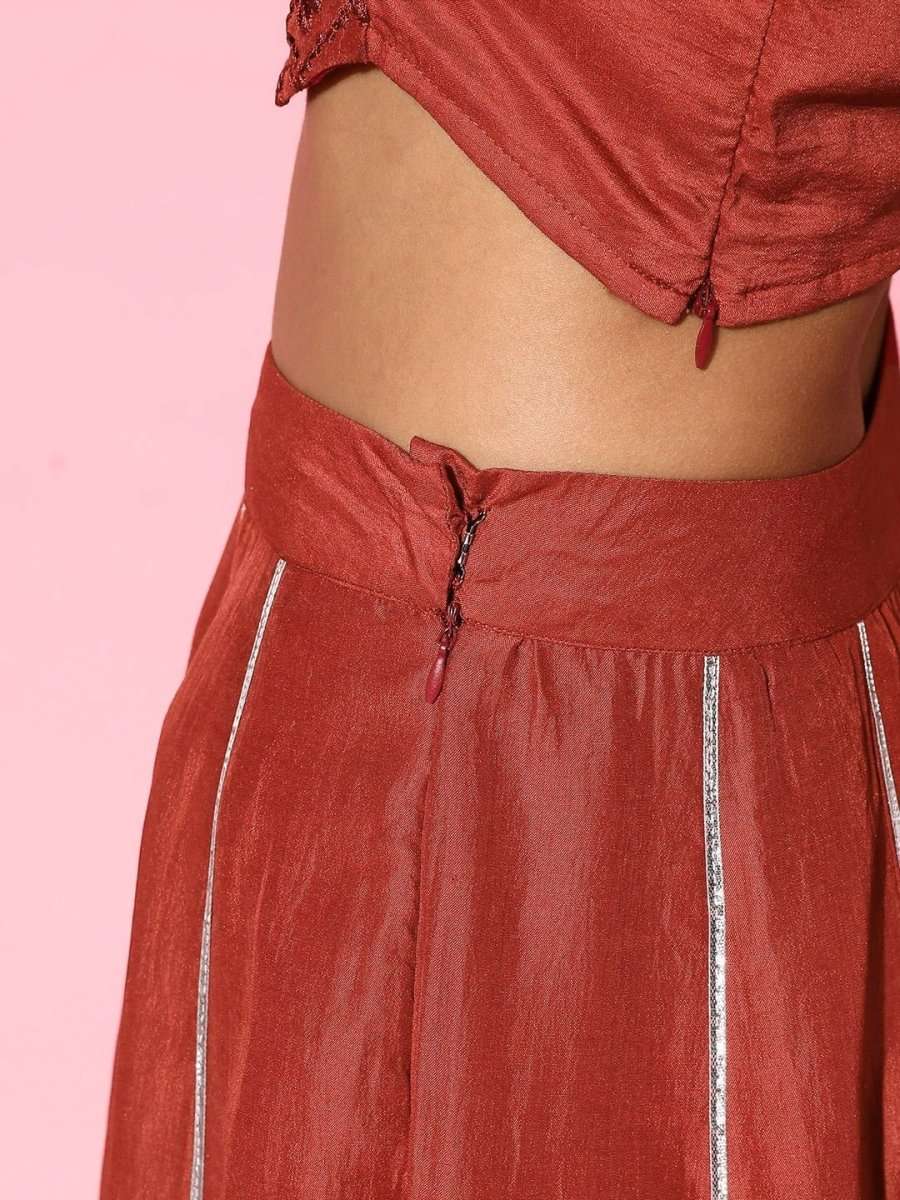 Women Rust Self-design Top With Skirt - Inddus.com