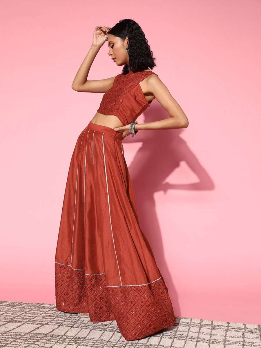 Women Rust Self-design Top With Skirt - Inddus.com