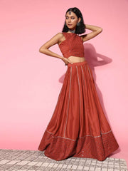 Women Rust Self-design Top With Skirt - Inddus.com