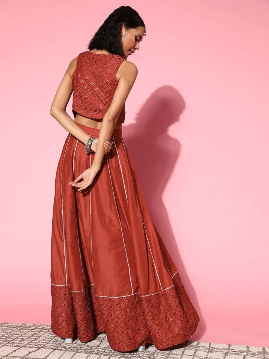 Women Rust Self-design Top With Skirt - Inddus.com