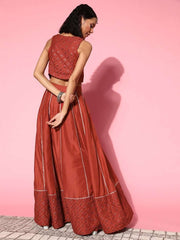 Women Rust Self-design Top With Skirt - Inddus.com