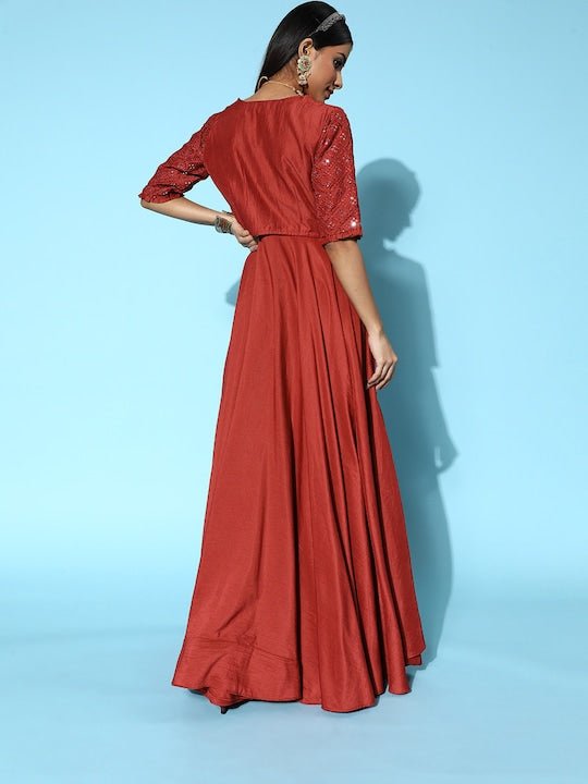 Women Rust Solid Swirling Volume Dress - Inddus.com