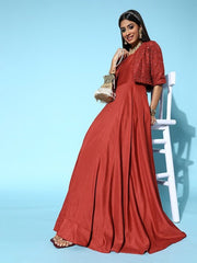 Women Rust Solid Swirling Volume Dress - Inddus.com