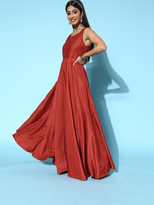 Women Rust Solid Swirling Volume Dress - Inddus.com