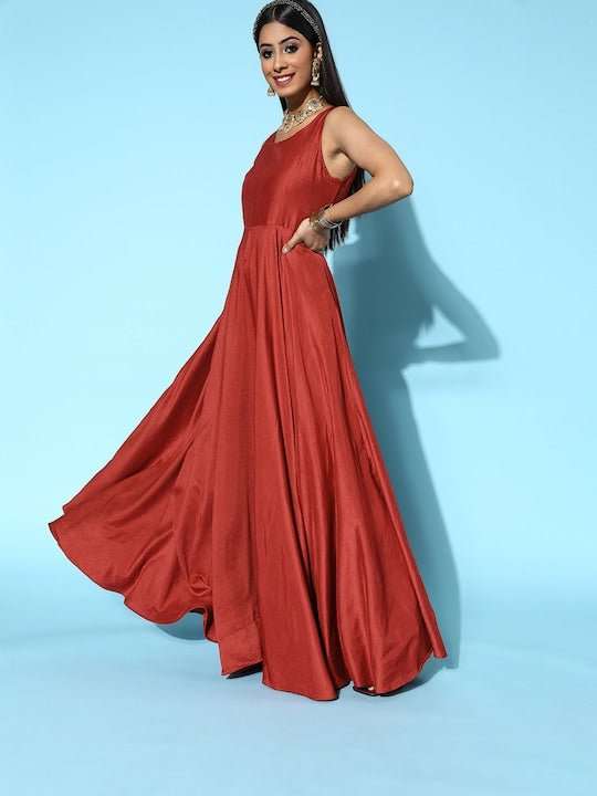 Women Rust Solid Swirling Volume Dress - Inddus.com
