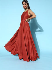 Women Rust Solid Swirling Volume Dress - Inddus.com