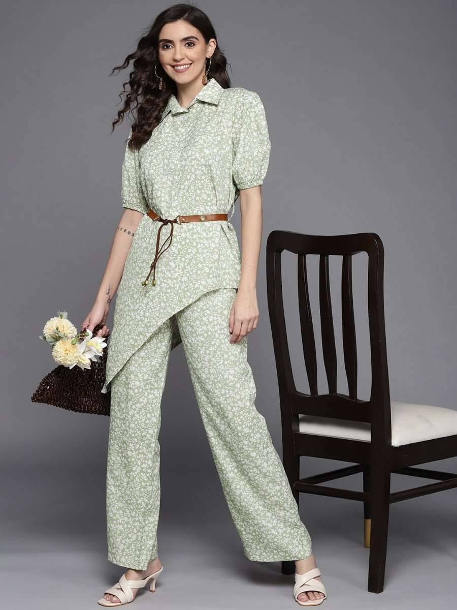 Women Sage Green & White Printed Shirt & Palazzo with Belt - Inddus.com