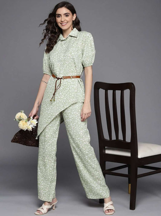 Women Sage Green & White Printed Shirt & Palazzo with Belt - Inddus.com