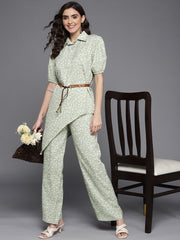 Women Sage Green & White Printed Shirt & Palazzo with Belt - Inddus.com