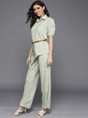 Women Sage Green & White Printed Shirt & Palazzo with Belt - Inddus.com