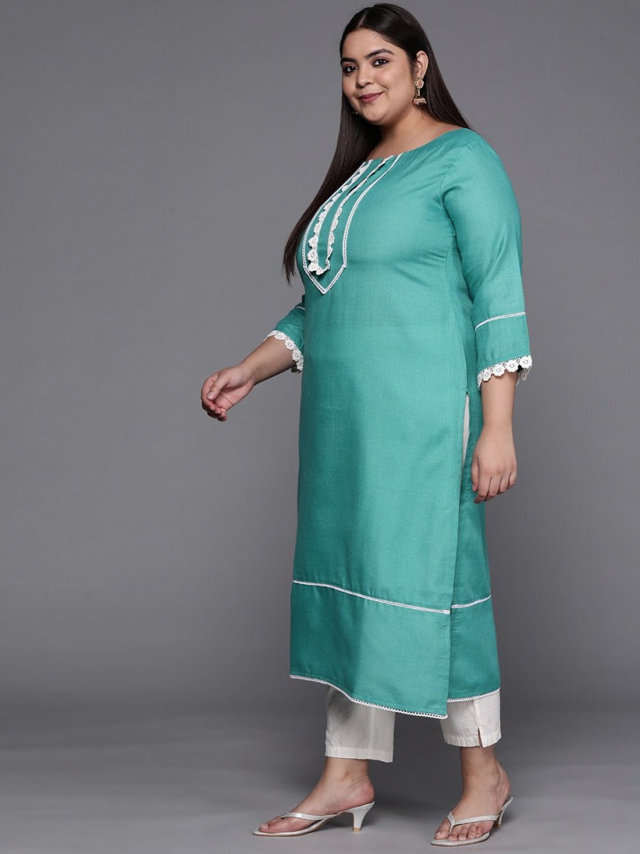Women Sea Green Solid Yoke Design Lace Inserts Straight Kurta - Inddus.com
