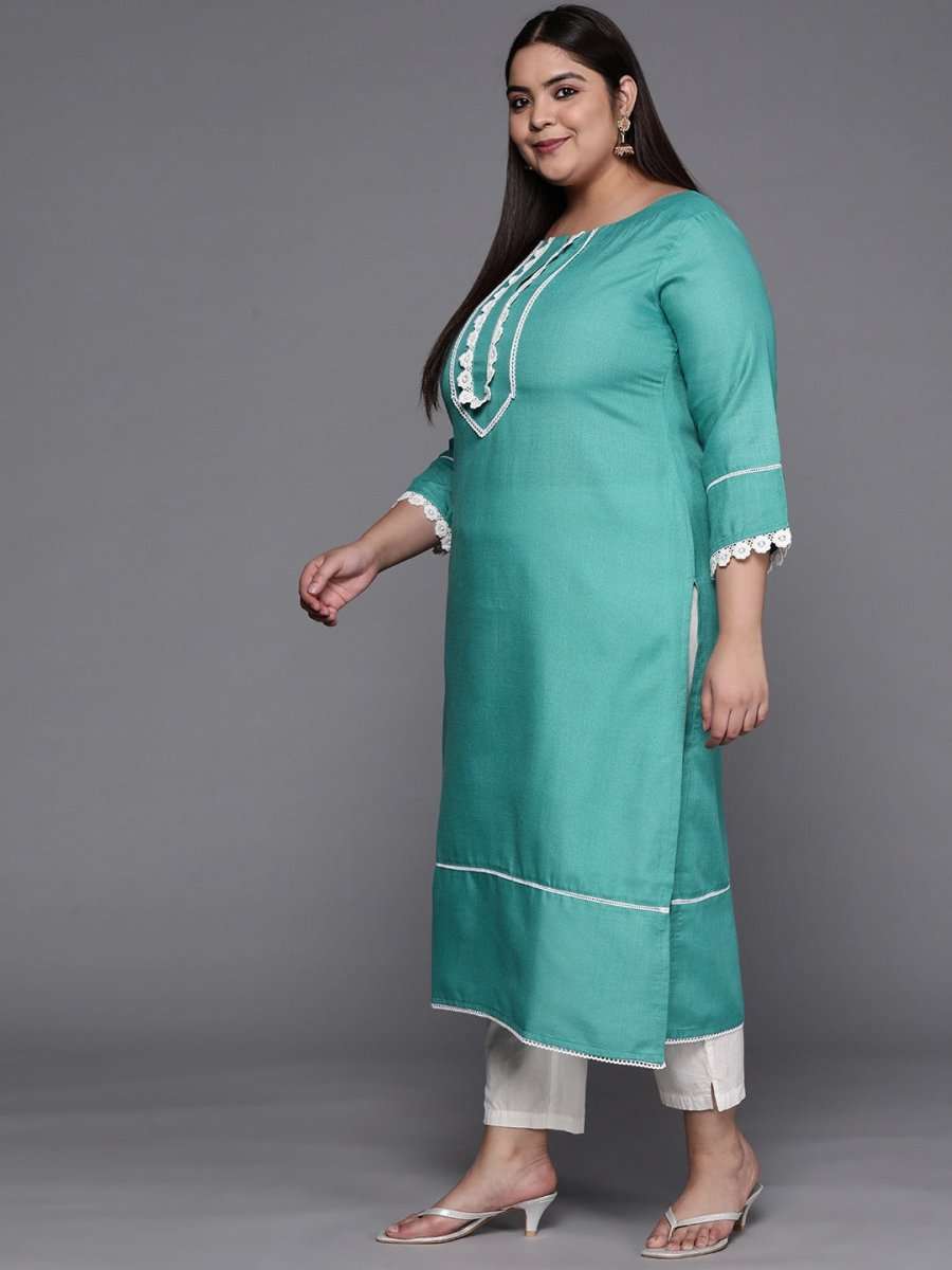 Women Sea Green Solid Yoke Design Lace Inserts Straight Kurta - Inddus.com