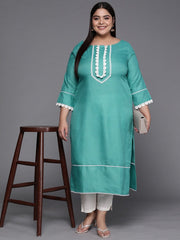Women Sea Green Solid Yoke Design Lace Inserts Straight Kurta - Inddus.com