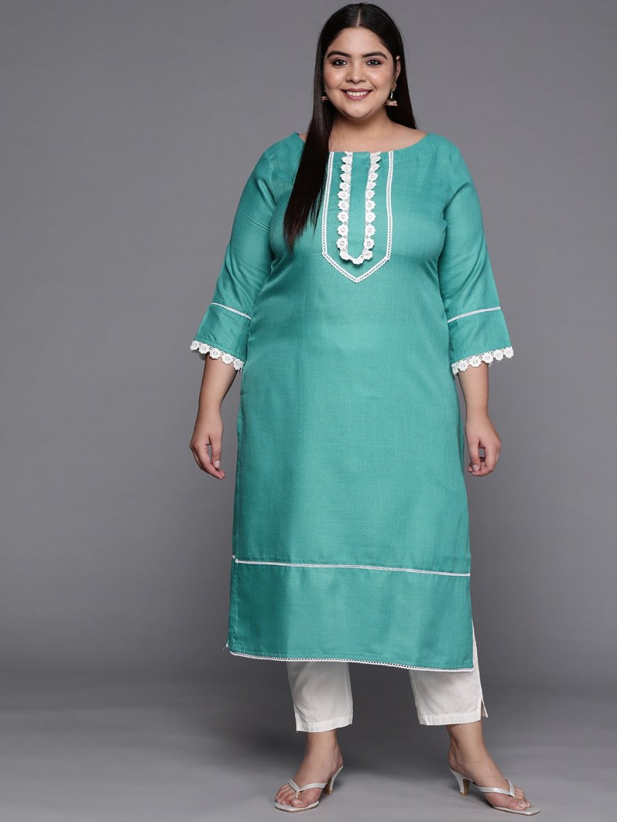 Women Sea Green Solid Yoke Design Lace Inserts Straight Kurta - Inddus.com