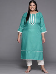 Women Sea Green Solid Yoke Design Lace Inserts Straight Kurta - Inddus.com