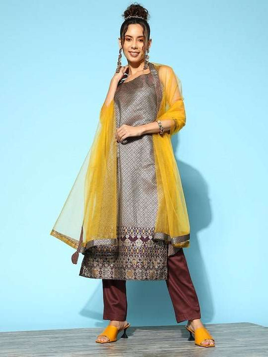Women Silk Blend Kurta with Trousers & Dupatta - Inddus.com