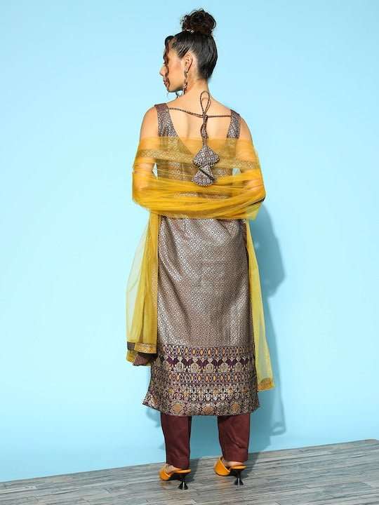 Women Silk Blend Kurta with Trousers & Dupatta - Inddus.com