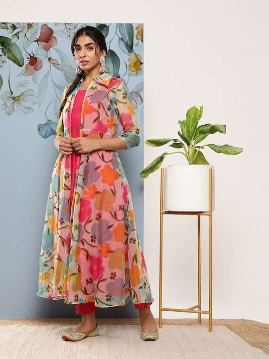 Women Solid A-Line Kurta With Trousers & With Jacket - Inddus.com