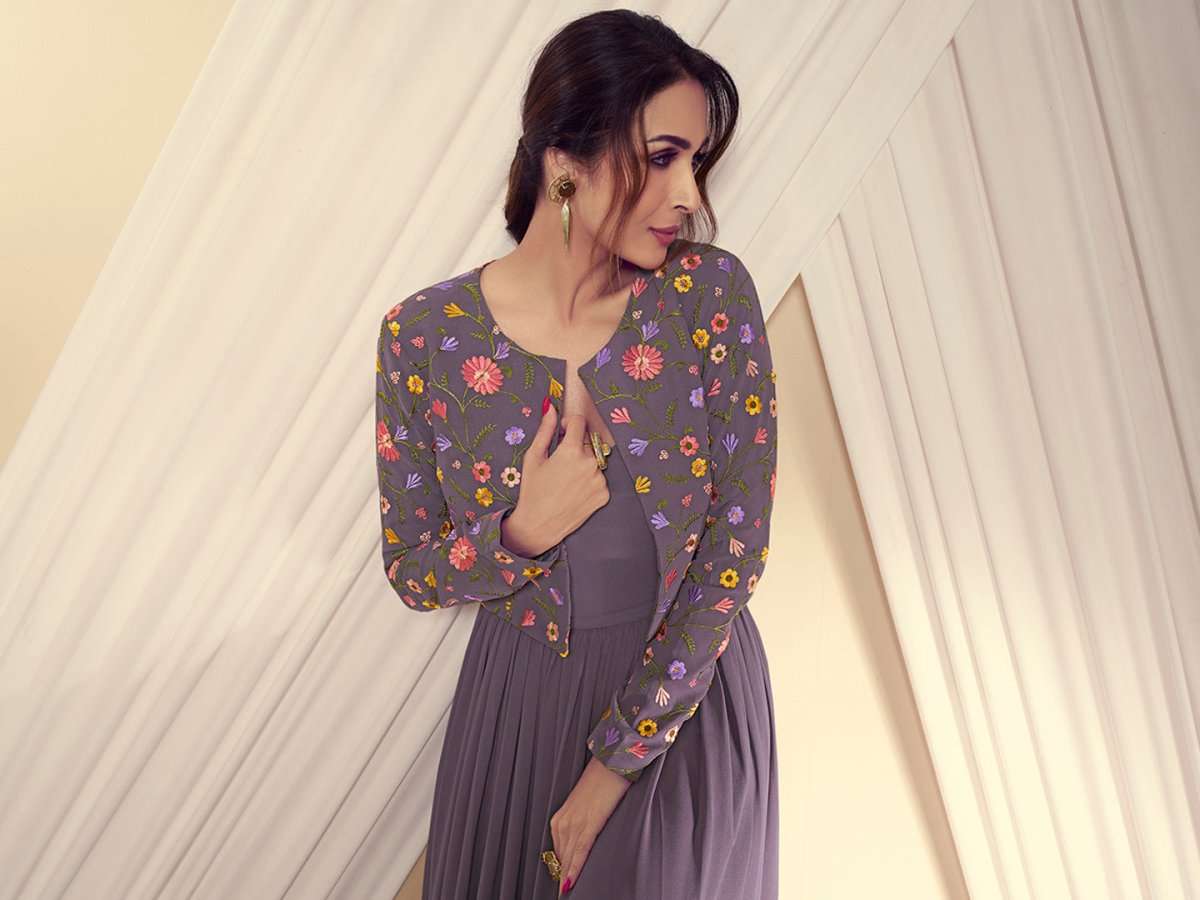 Women Solid Maxi Dress with Floral Thread Embroidered Jacket - Inddus.com