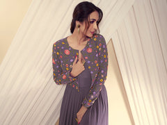 Women Solid Maxi Dress with Floral Thread Embroidered Jacket - Inddus.com