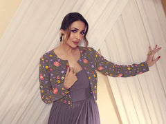Women Solid Maxi Dress with Floral Thread Embroidered Jacket - Inddus.com