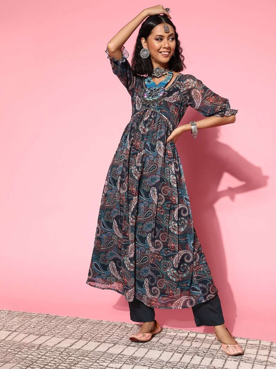 Women Solid Poly-Chiffon Ethereal Embroidery Kurta Set - Inddus.com