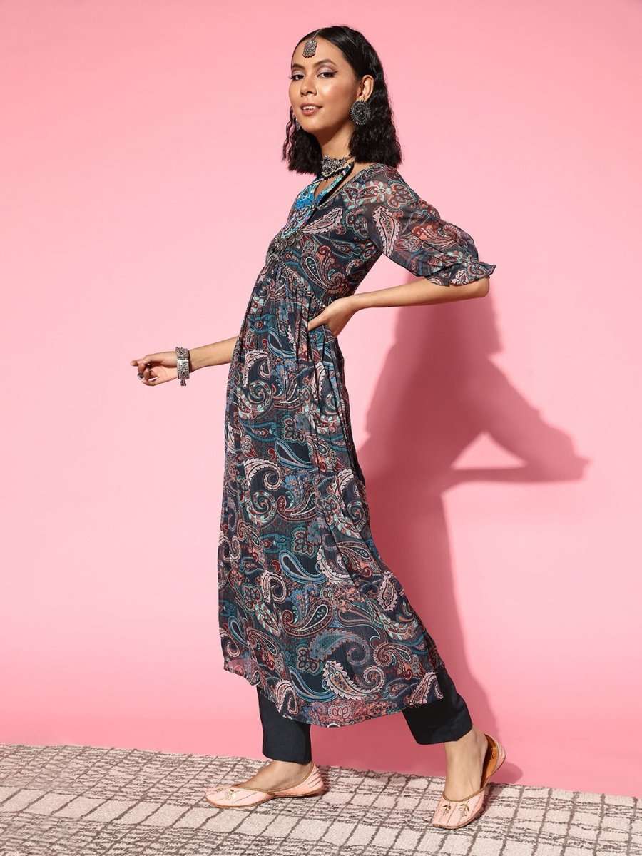 Women Solid Poly-Chiffon Ethereal Embroidery Kurta Set - Inddus.com