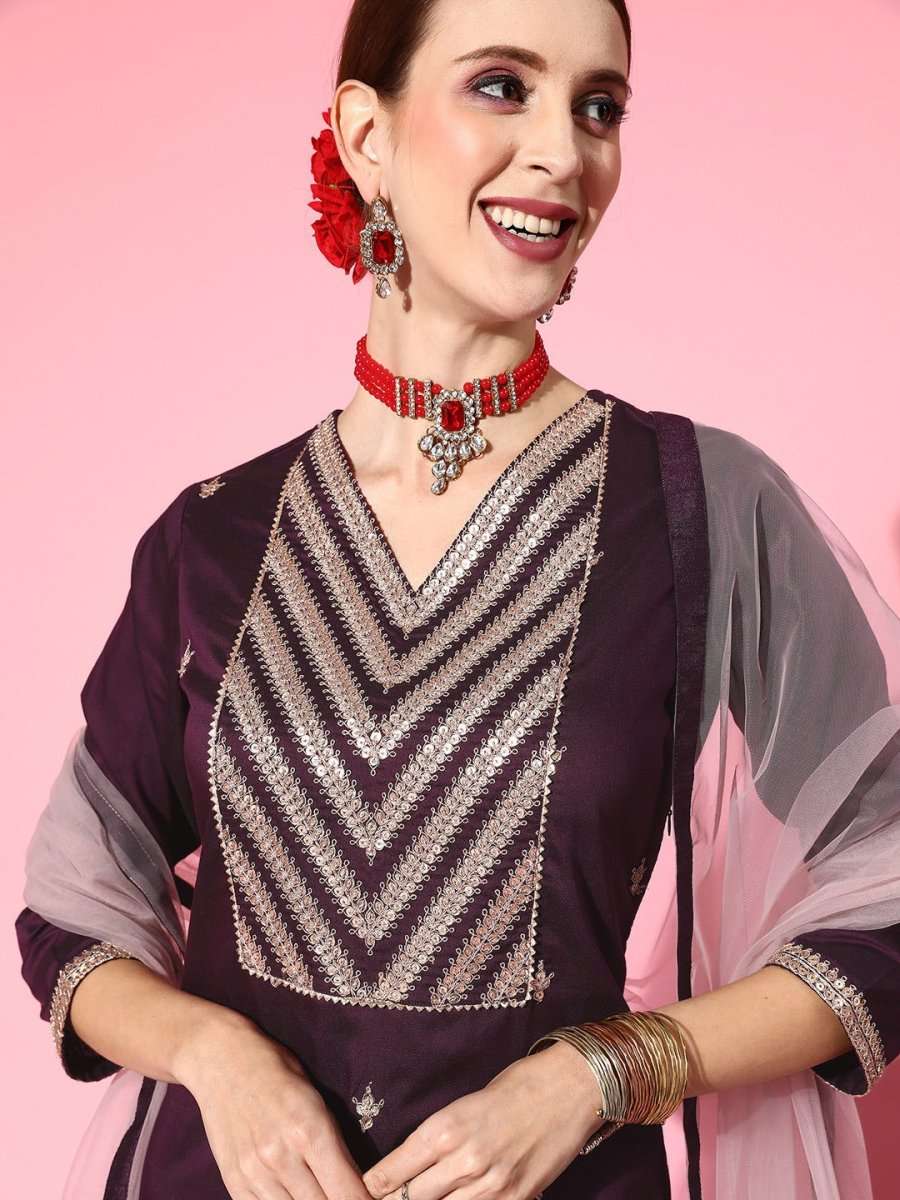 Women Solid Silk Blend Ethereal Embroidery Kurta Set - Inddus.com