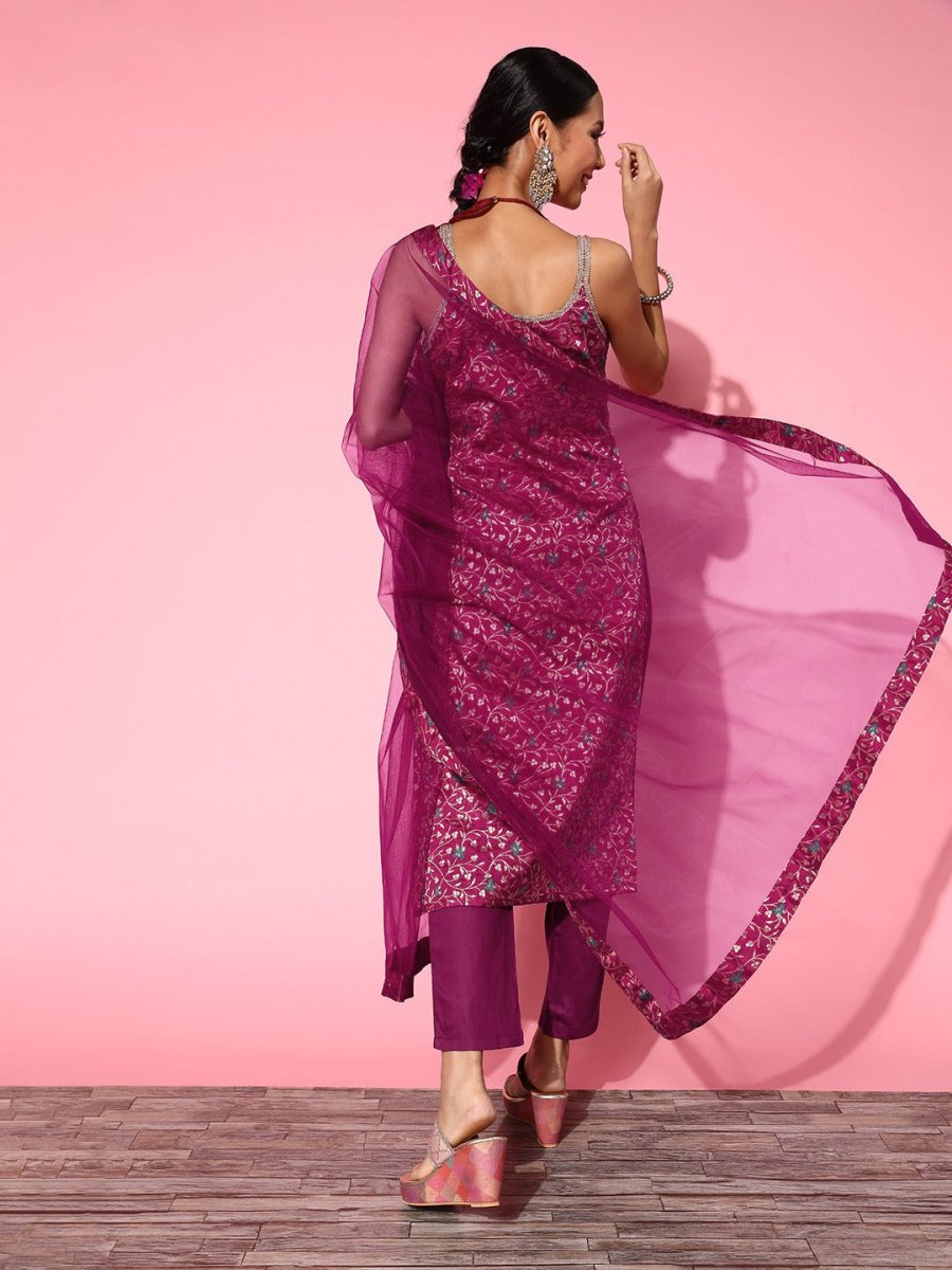 Women Solid Silk Blend Ethereal Embroidery Kurta Set - Inddus.com