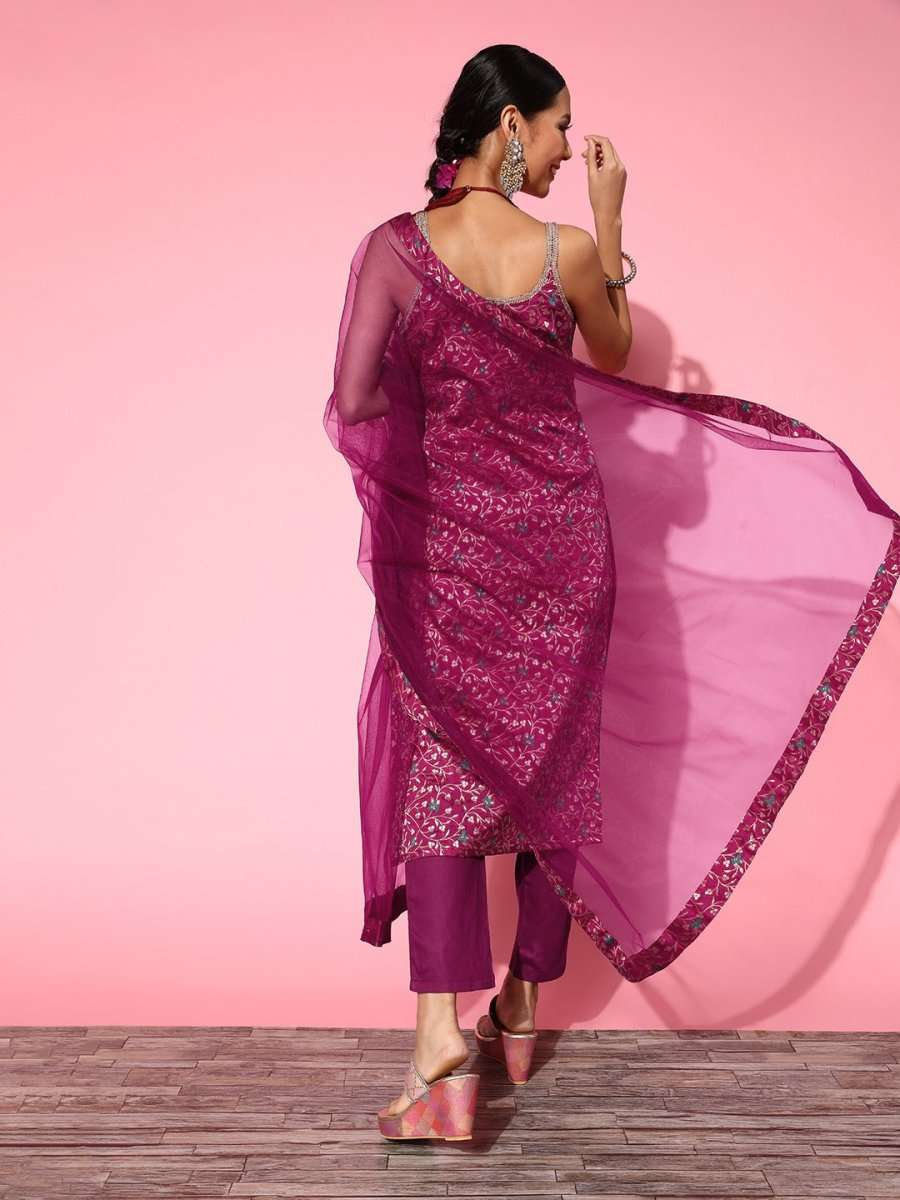 Women Solid Silk Blend Ethereal Embroidery Kurta Set - Inddus.com