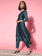 Women Solid Silk Blend Ethereal Embroidery Kurta Set - Inddus.com