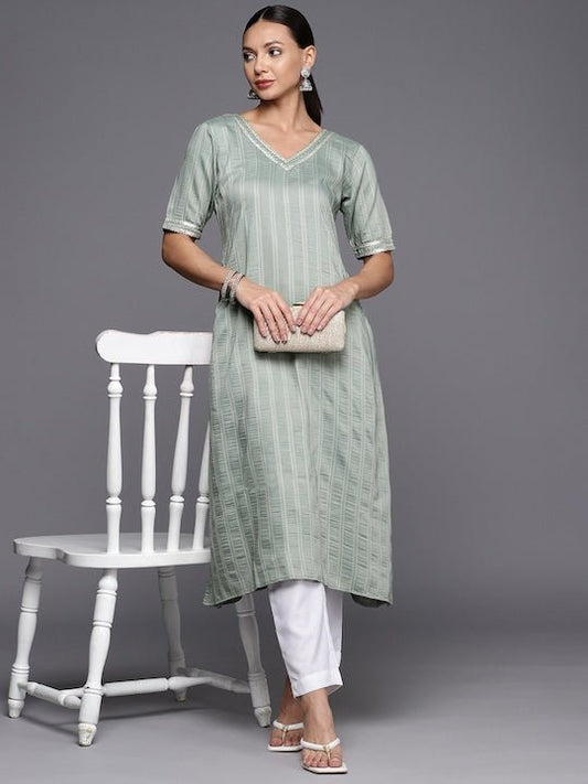 Women Striped Gotta Patti Cotton Jacquard Kurta - Inddus.com
