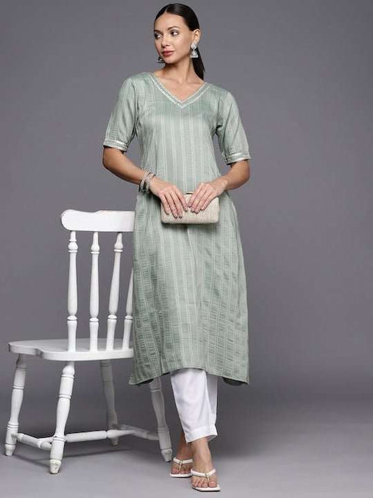 Women Striped Gotta Patti Cotton Jacquard Kurta - Inddus.com