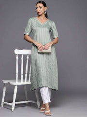 Women Striped Gotta Patti Cotton Jacquard Kurta - Inddus.com