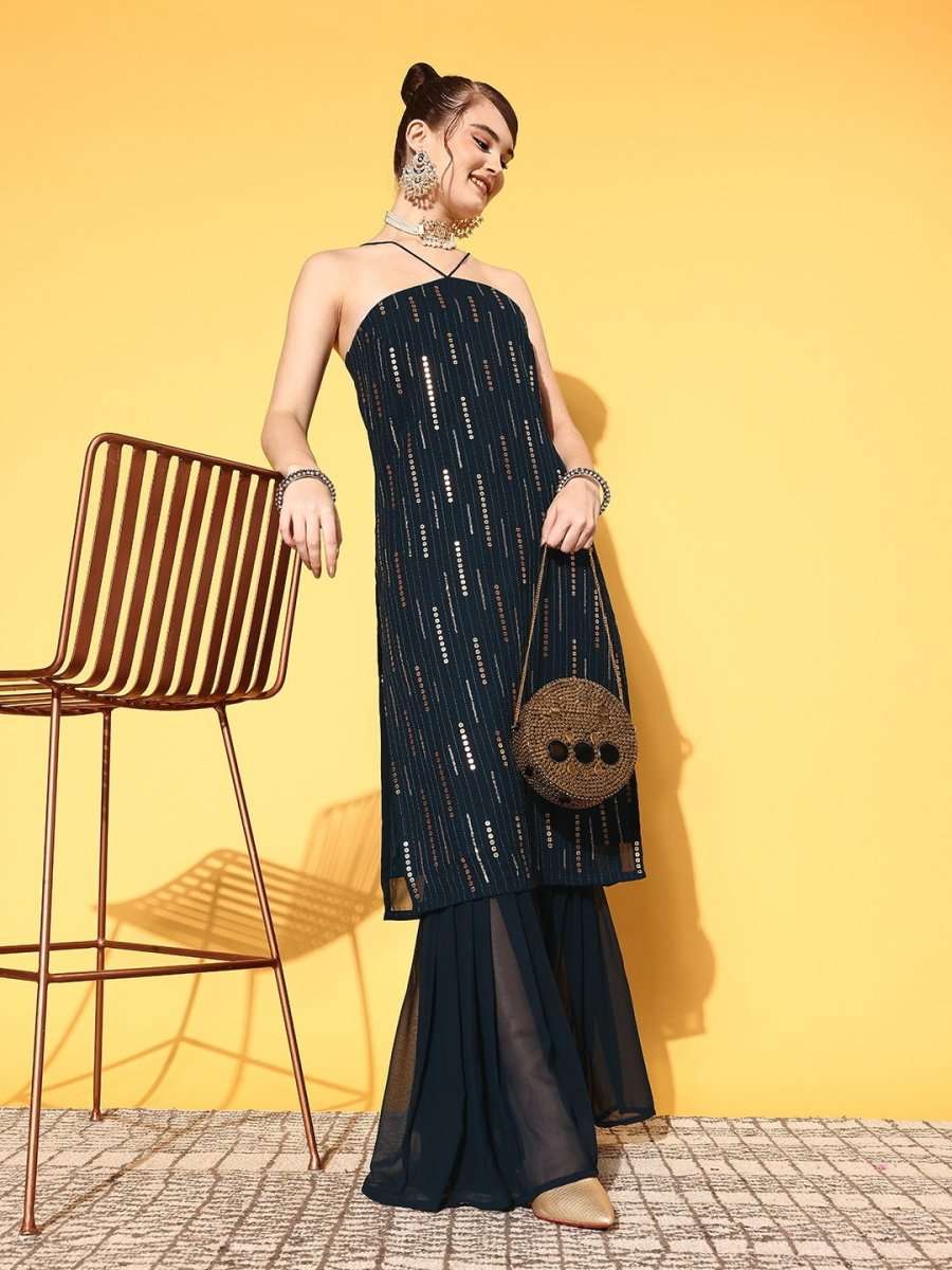 Women Striped Poly Georgette Bling it On Kurta Set - Inddus.com