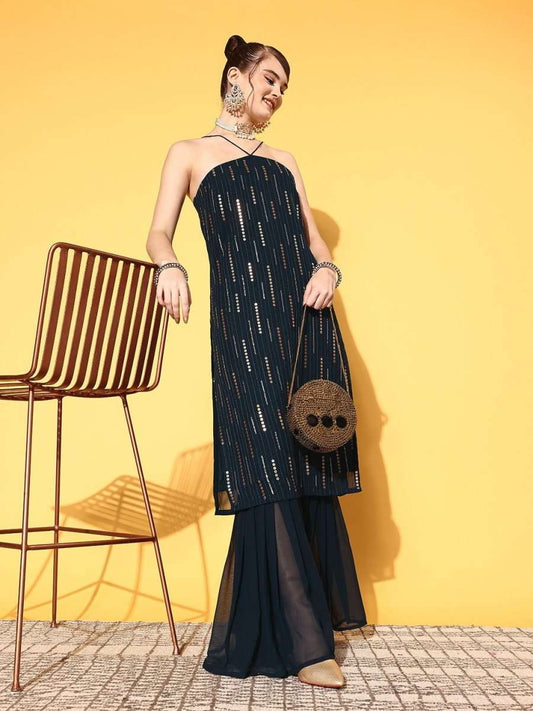 Women Striped Poly Georgette Bling it On Kurta Set - Inddus.com