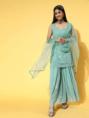 Women Striped Poly-Georgette Ethereal Embroidery Kurta Set - Inddus.com